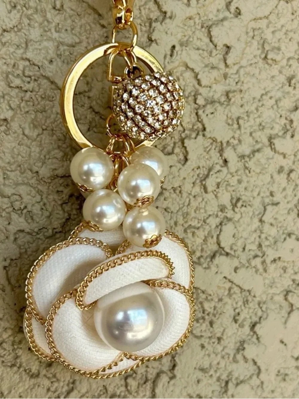 Gold Pearl Flower Keychain Charm